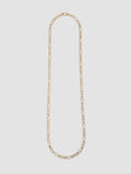 14kt Yellow Gold Hollow Figaro Chain Necklace pictured on light grey background. 