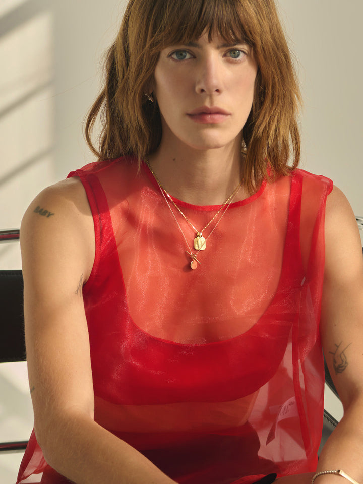 Mini Disk & Toggle Necklace pictured on model in 18" length.