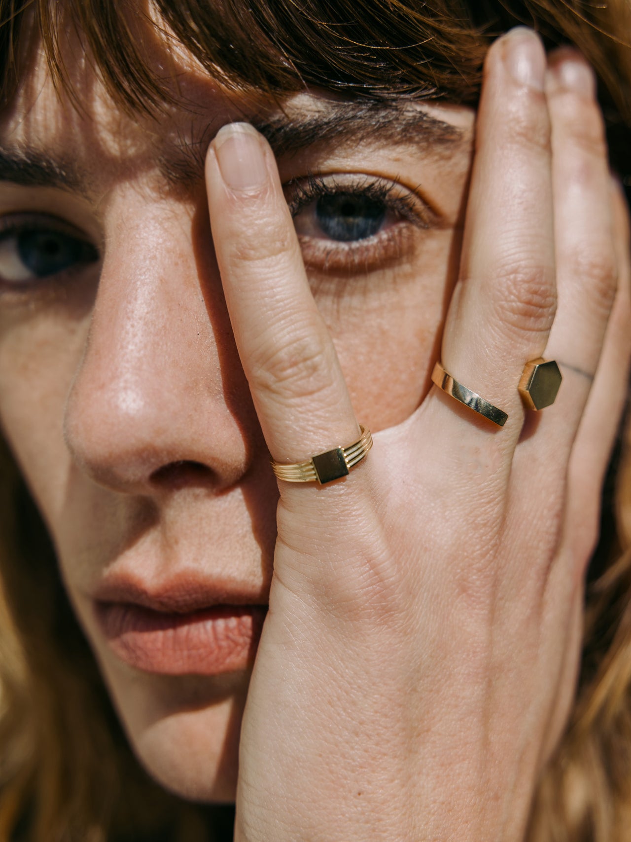 Hexagon ID Signet pictured on models ring finger. 