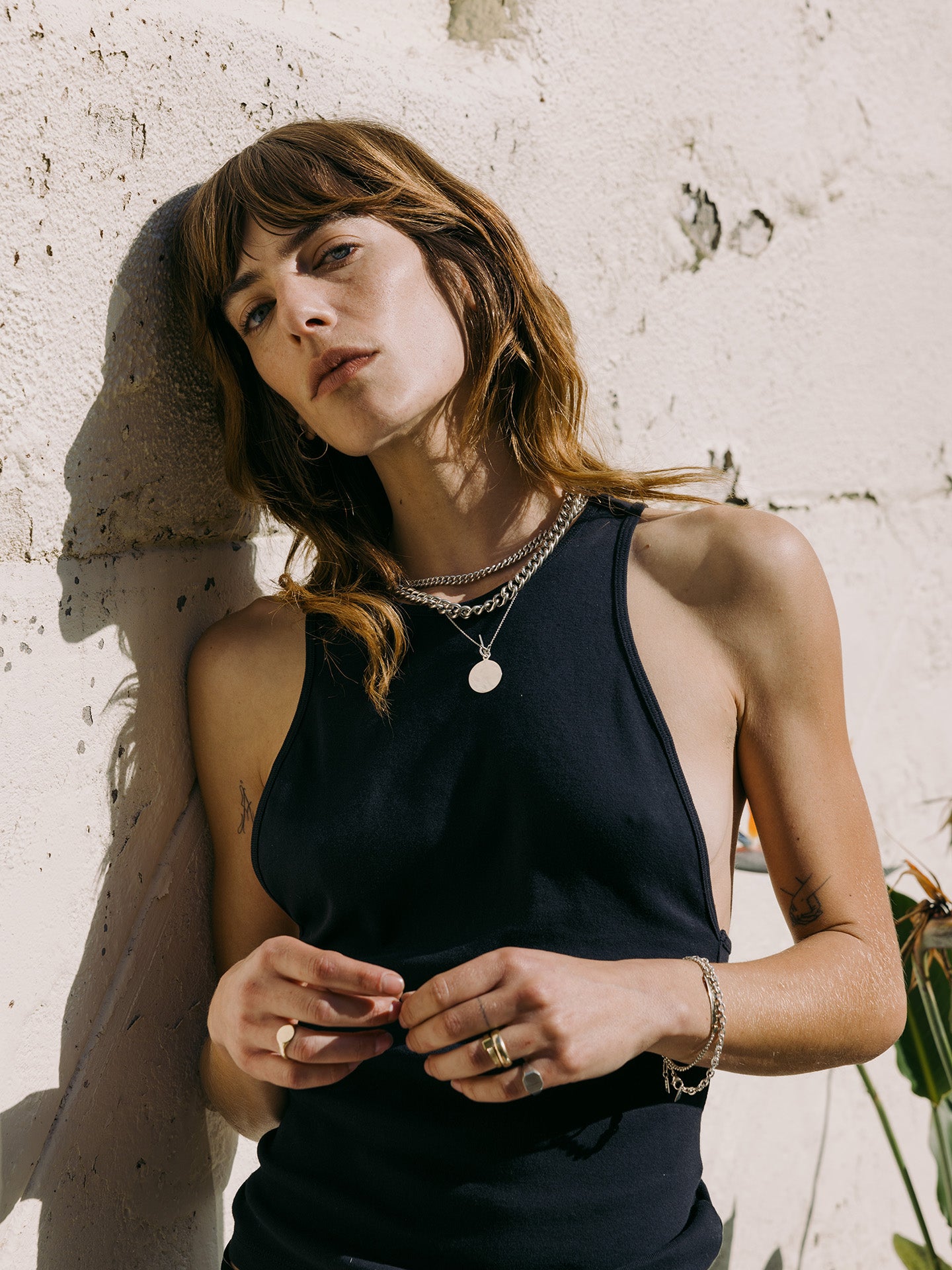 Sterling Silver Disk & Toggle Necklace pictured on model. 