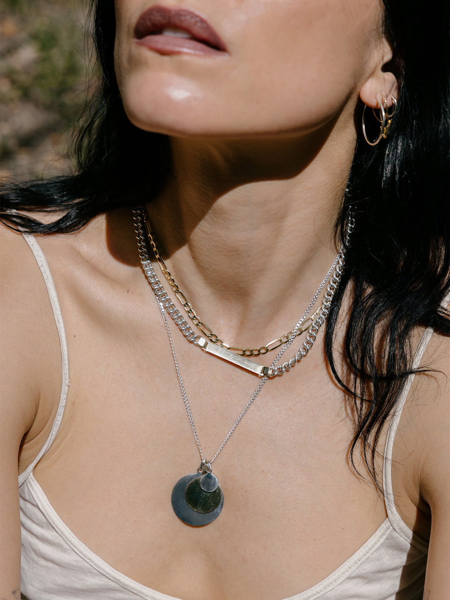 Mixed Metal Watts ID Necklace pictured on model. 