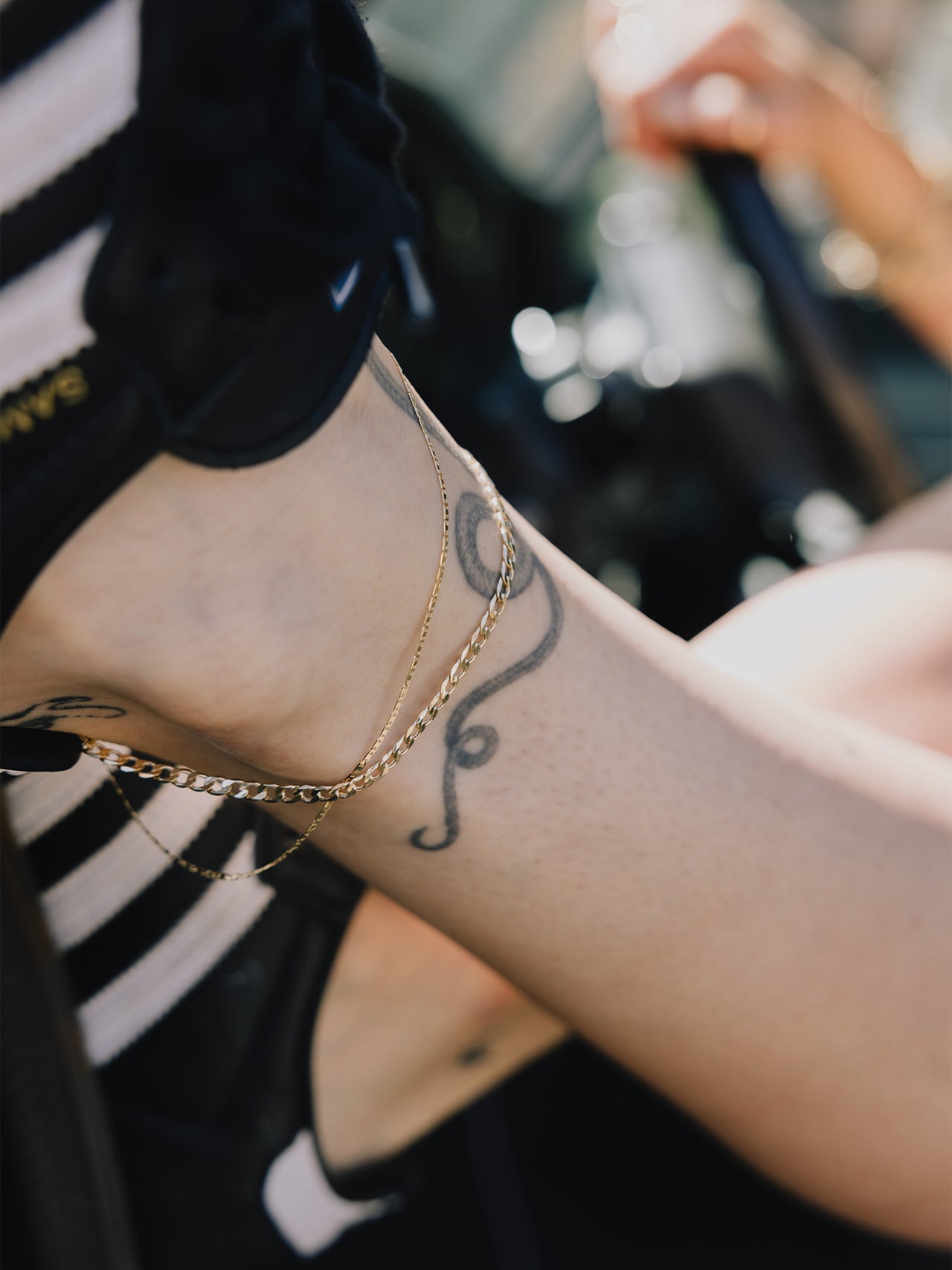 Baby Sol Valentino Anklet pictured on models anklet along with the XL Lightweight Havana Chain Anklet.