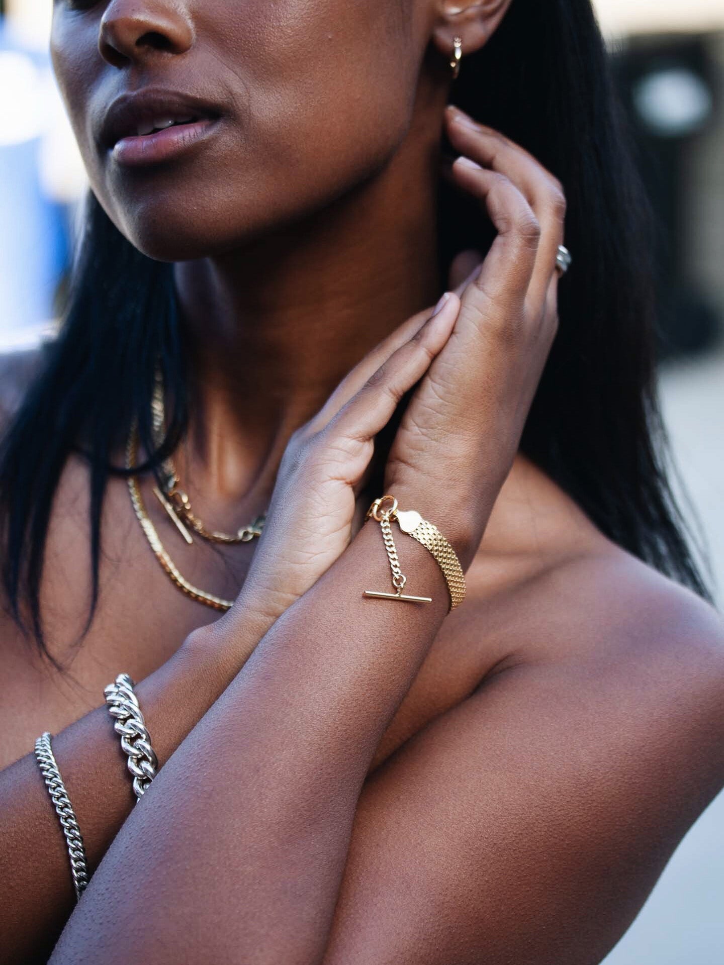 Vermeil Bizmark Chain Bracelet pictured on model. Shows toggle closure.  