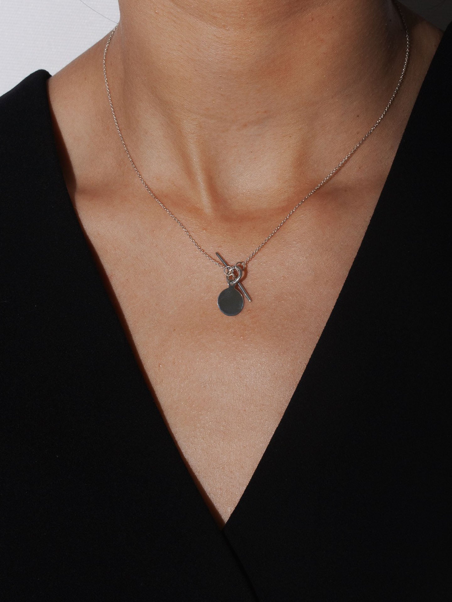 Sterling Silver Mini Disk and Toggle Necklace pictured on model. 
