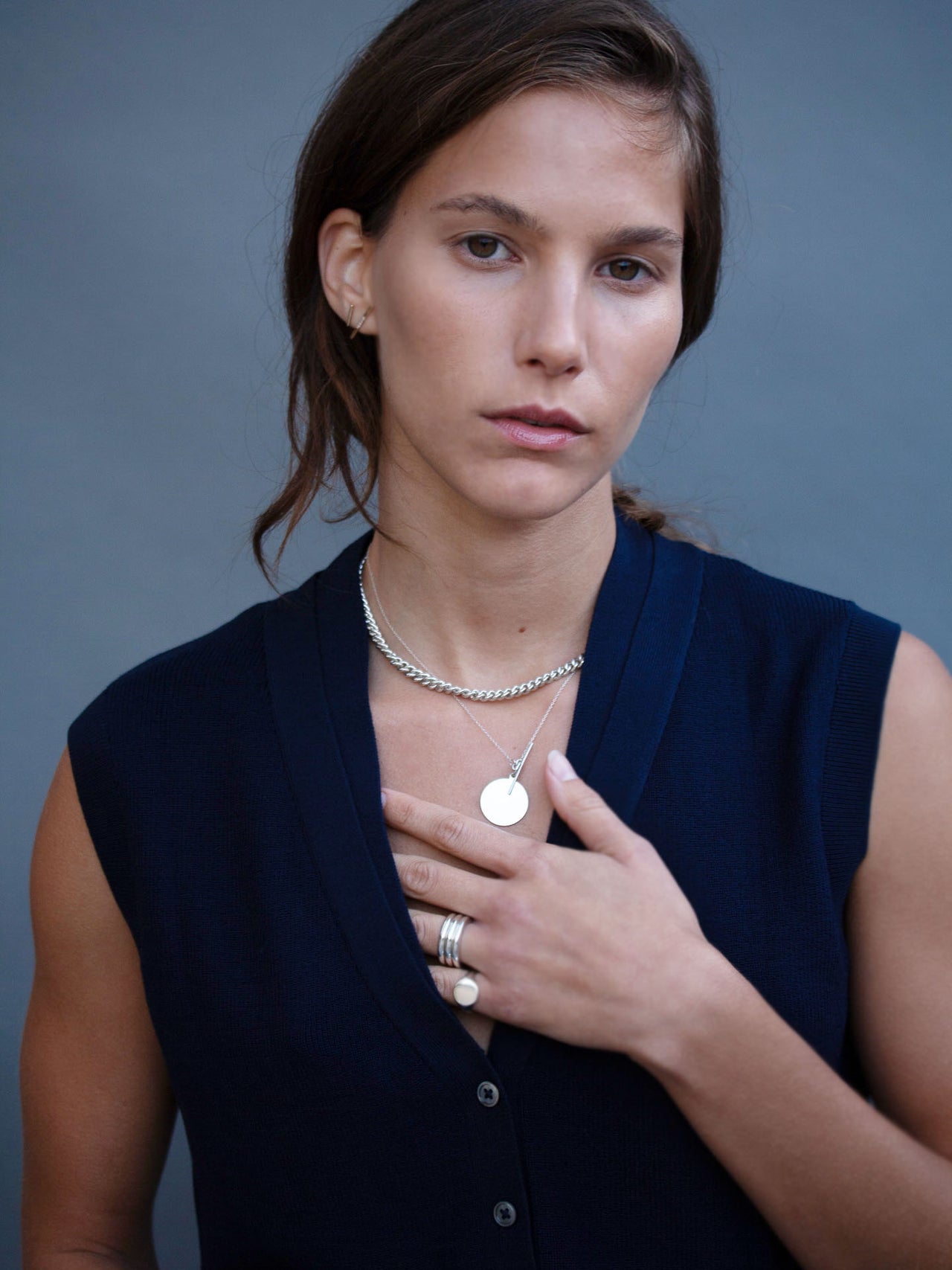Sterling Silver Disk and Toggle pictured on model.