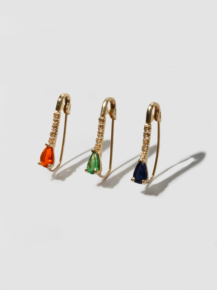 14kt Yellow Gold Mini Gemstone Diamond Safety Pin in Dark Blue Sapphire, Tsavorite, and Fire Opal. 