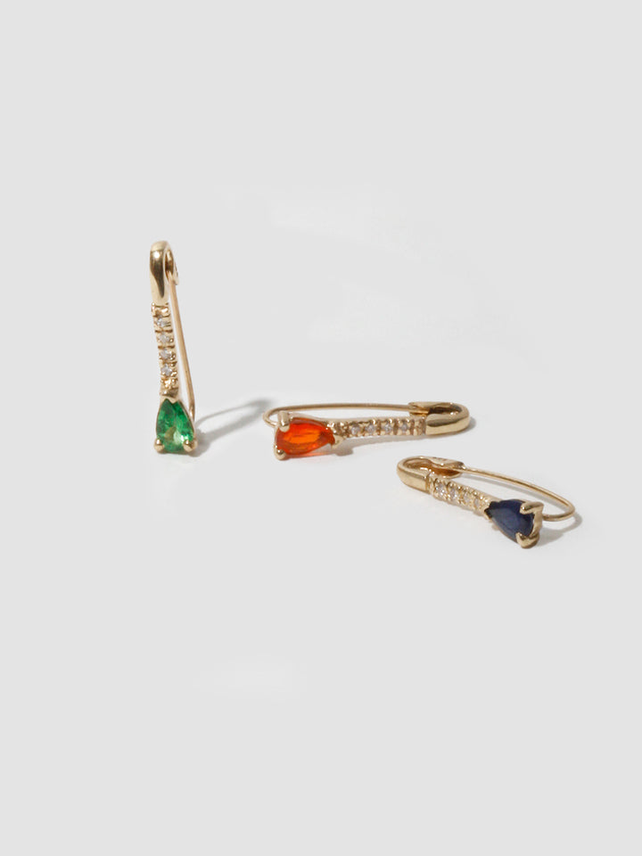14kt Yellow Gold Mini Gemstone Diamond Safety Pin in Dark Blue Sapphire, Tsavorite, and Fire Opal. 