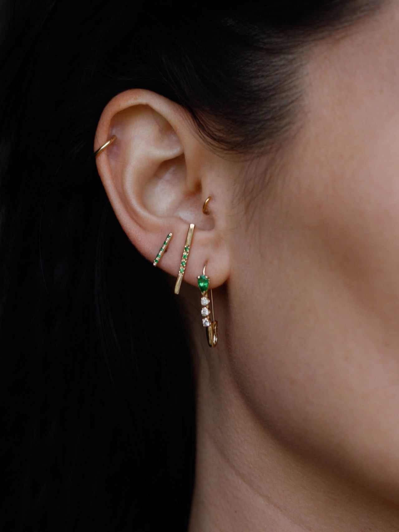 14kt Yellow Gold Gemstone Long Rod Stud shot on model.