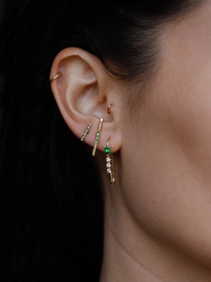 14kt Yellow Gold Gemstone Long Rod Stud shot on model.