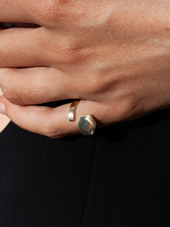 Hexagon ID Signet pictured on models pinky finger. 