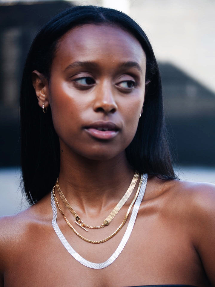 Sterling Silver Bismark Chain Necklace pictured in 20" length on model.
