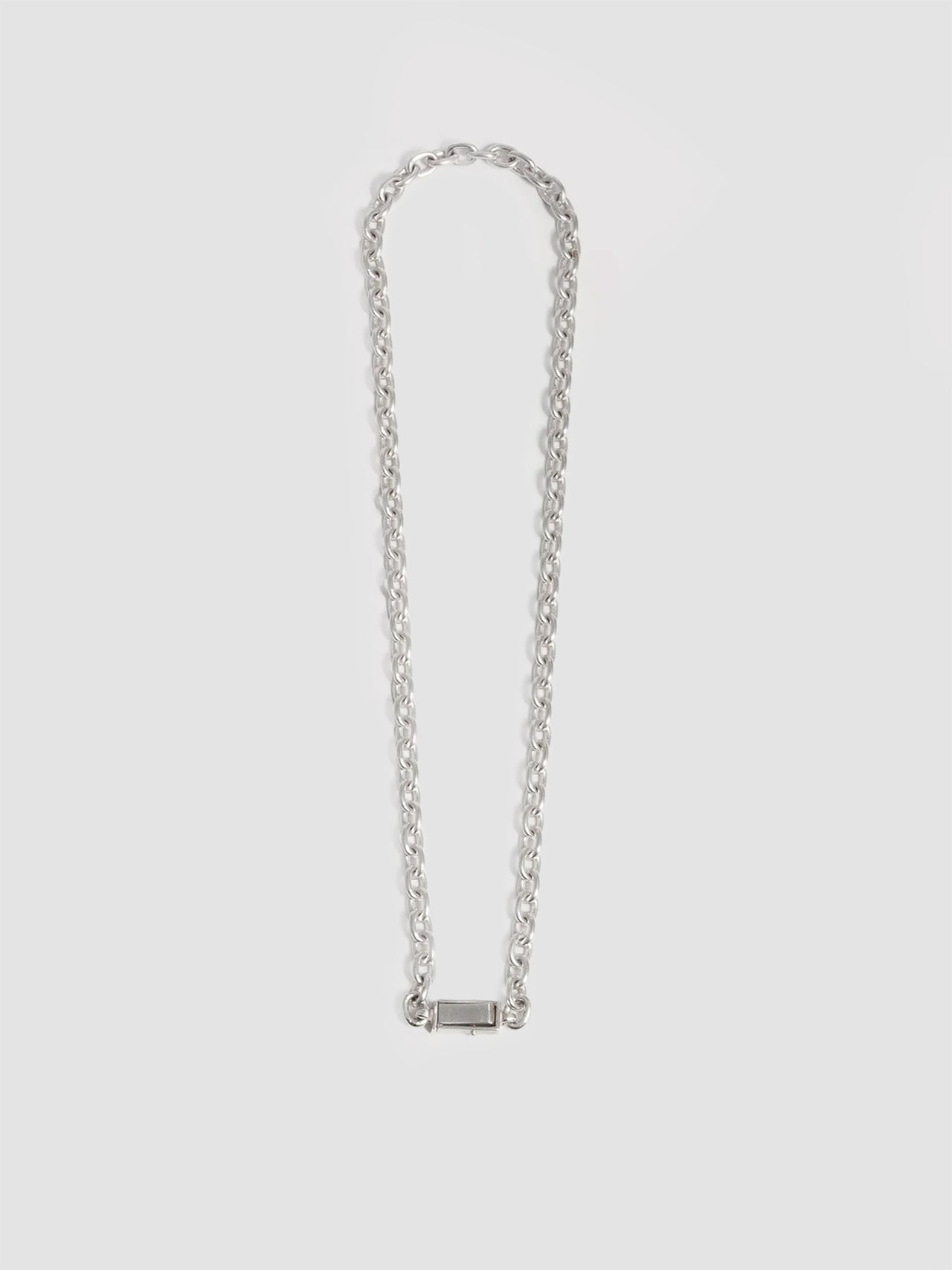 Silver Box Lock Cable Chain pictured on light grey background. 