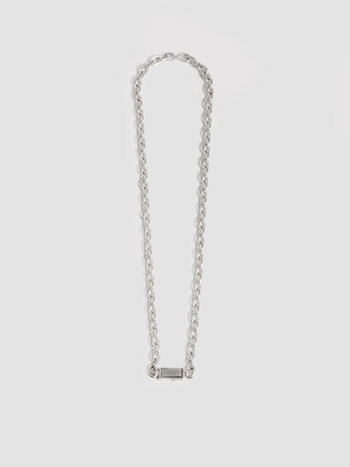 Silver Box Lock Cable Chain pictured on light grey background. 