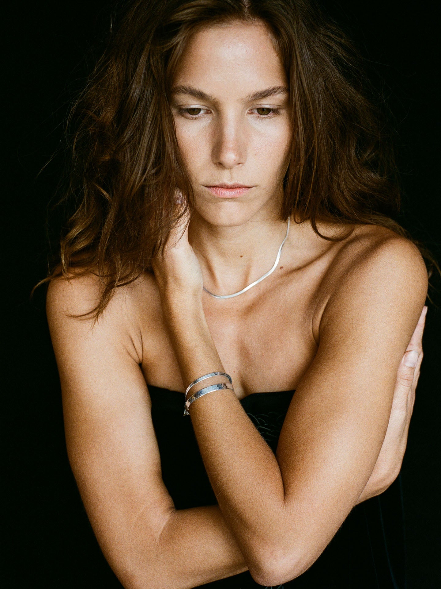 Sterling Silver Herringbone Chain Necklace pictured on model. 