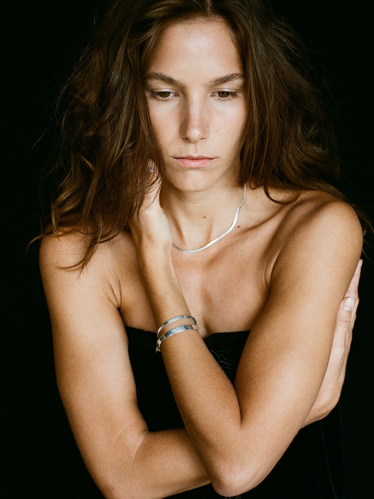 Sterling Silver Herringbone Chain Necklace pictured on model. 