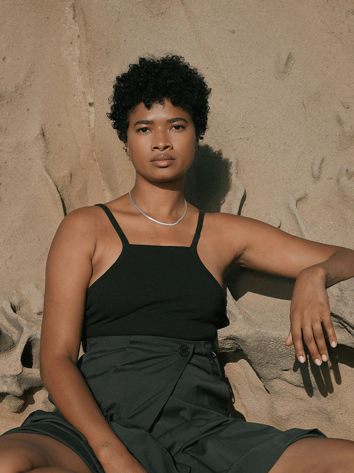 Sterling Silver Herringbone Chain Necklace pictured on model. 