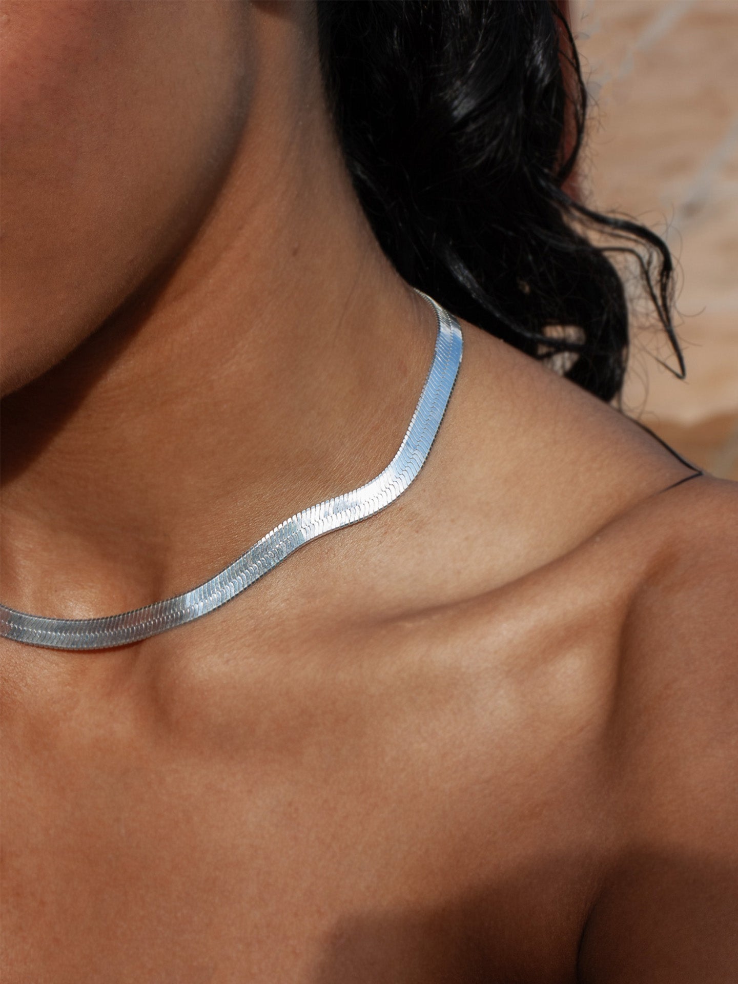 XL Sterling Silver Herringbone Necklace pictured on model.