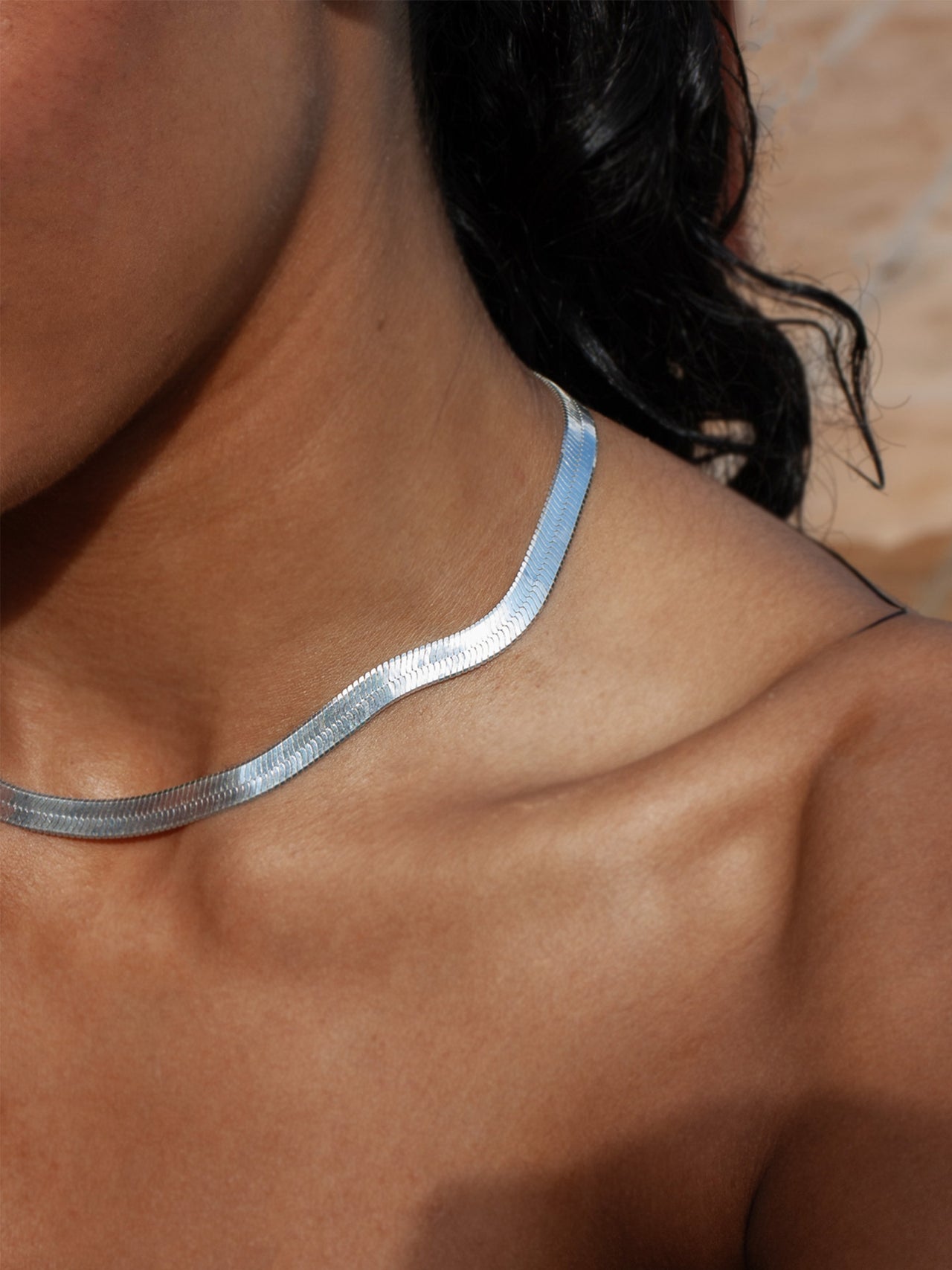 XL Sterling Silver Herringbone Necklace pictured on model.