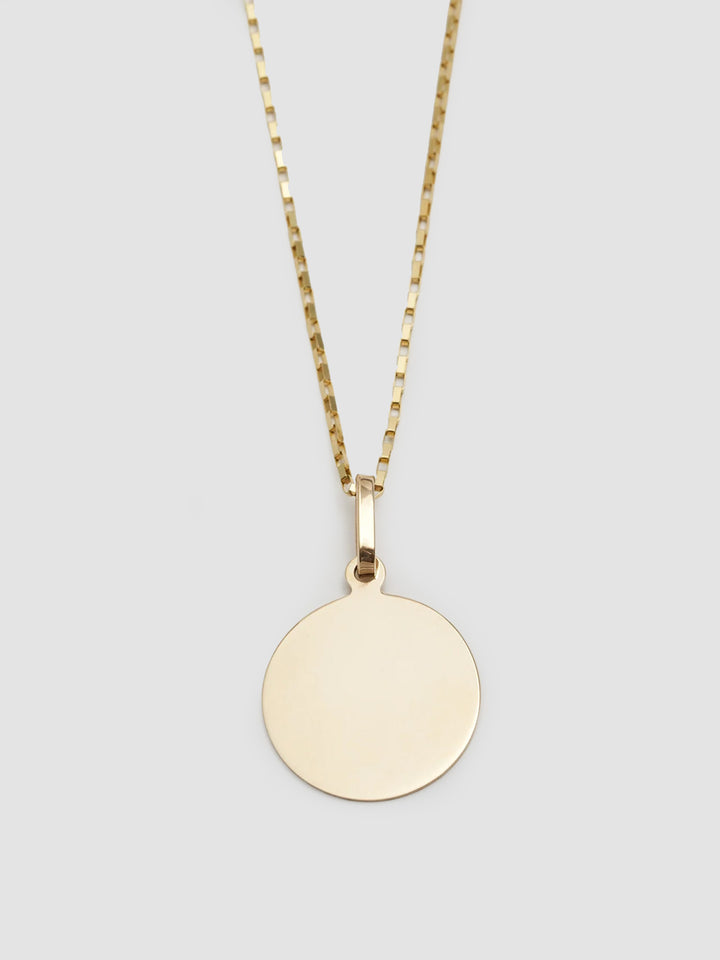 14Kt Yellow Gold Disk Pendant shot on chain