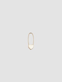 A single gold heart safety pin earring on a white background