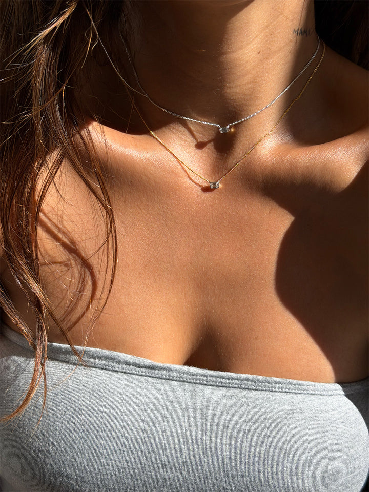 Mixed Metal Emerald Cut Floating Diamond Necklace