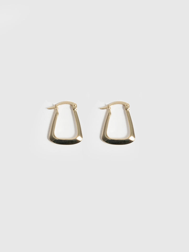 14kt Yellow Gold Hoops Trifecta Hoops pictured on light grey background. 