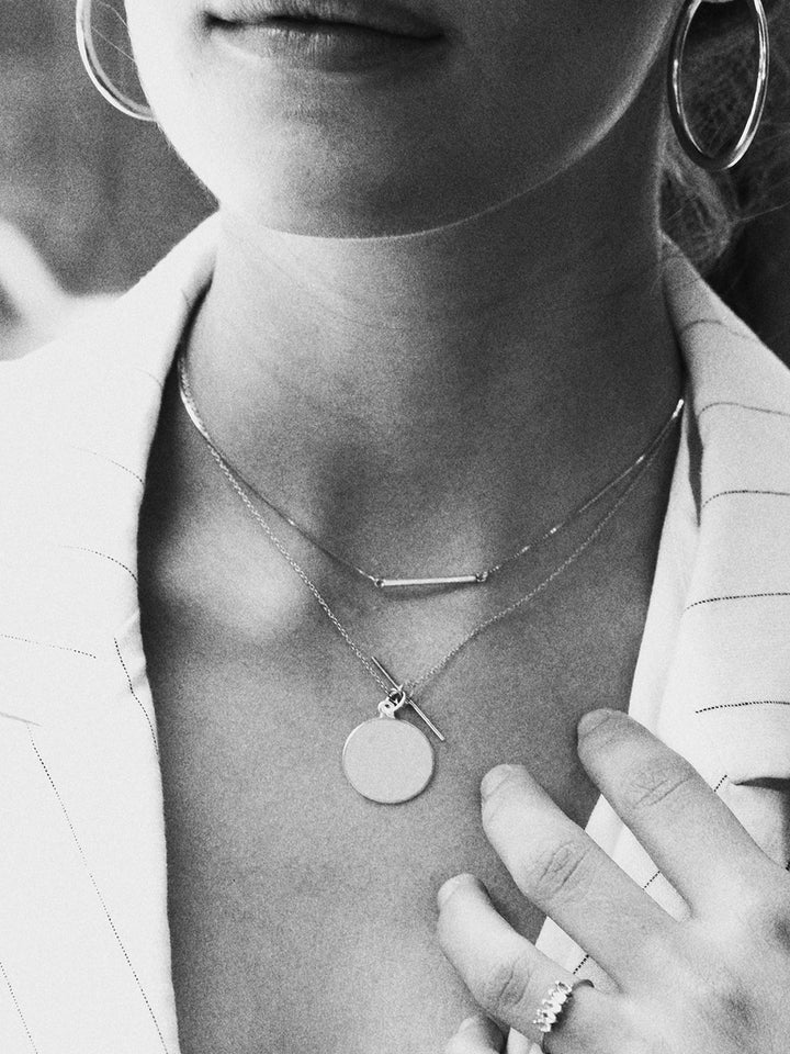 Sterling Silver Disk and Toggle pictured on model.
