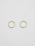 Front product shot of the Mini Infinity Hoops (14Kt shiny Yellow Gold Hoop Earrings  Diameter: 0.75”) Background: Grey backdrop